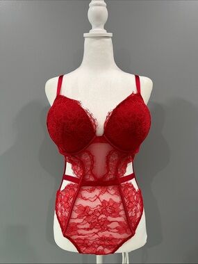 Victoria's Secret Red Lace Plunge Bodysuit